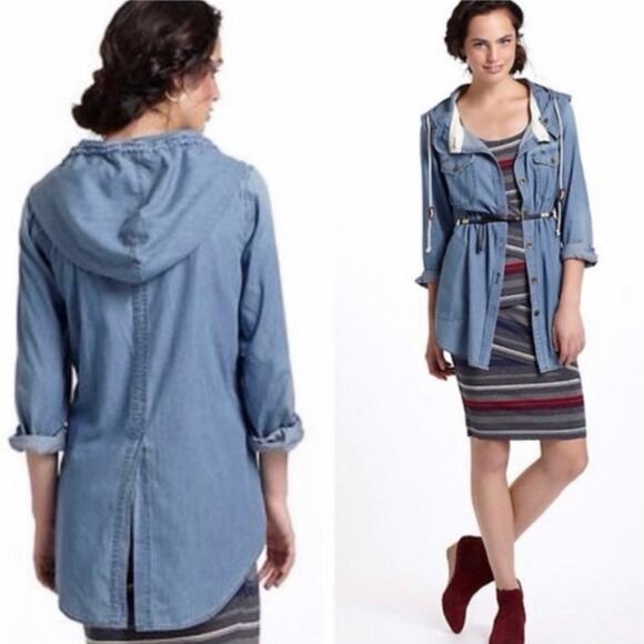 ANTHROPOLOGIE Blue Denim Hood Long Sleeve Button Down Blouse Shirt Shacket Top M - Picture 13 of 13